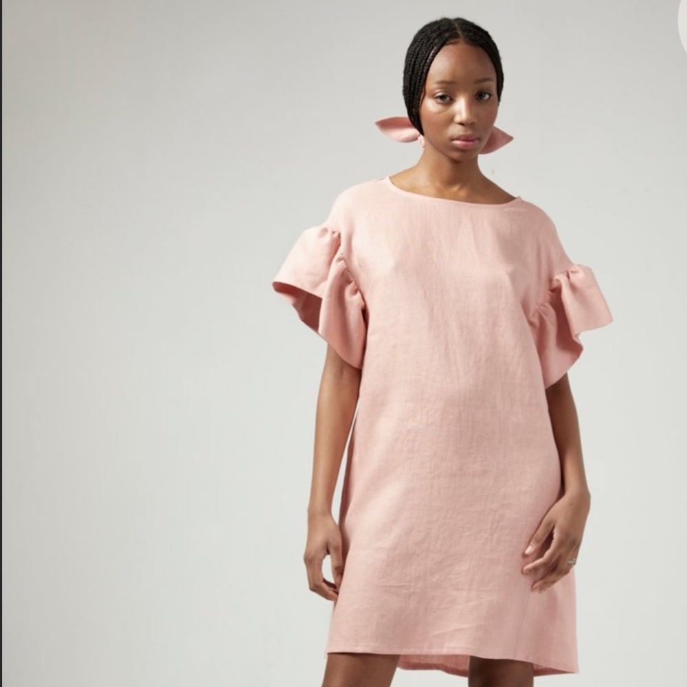 ELIZA FAULKNER 100%‎ LINEN SLIP-ON OVERSIZED RAFFI DRESS POCKETS RUFFLE SLEEVE